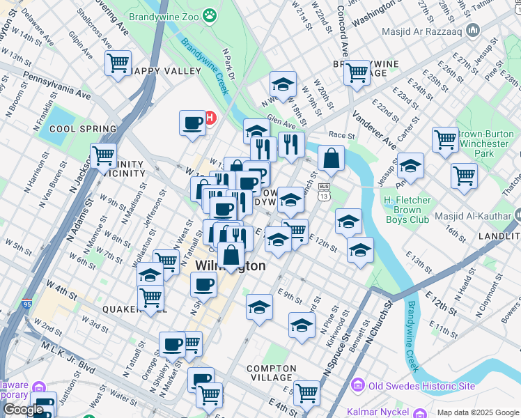 map of restaurants, bars, coffee shops, grocery stores, and more near 1201 North Market Street in Wilmington