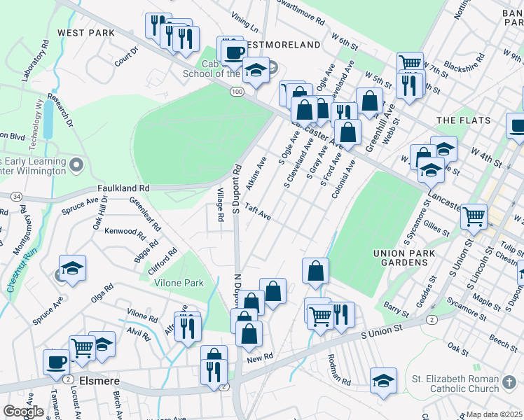 map of restaurants, bars, coffee shops, grocery stores, and more near 301 South Cleveland Avenue in Wilmington