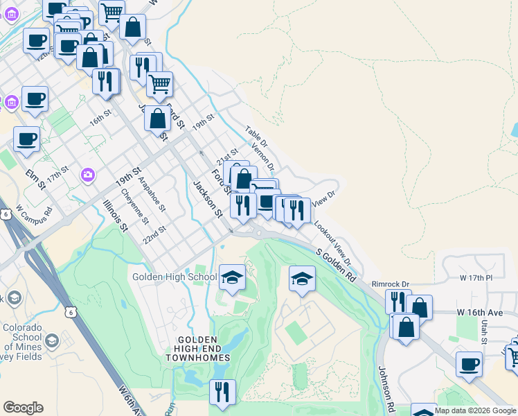 map of restaurants, bars, coffee shops, grocery stores, and more near 510 24th Street in Golden