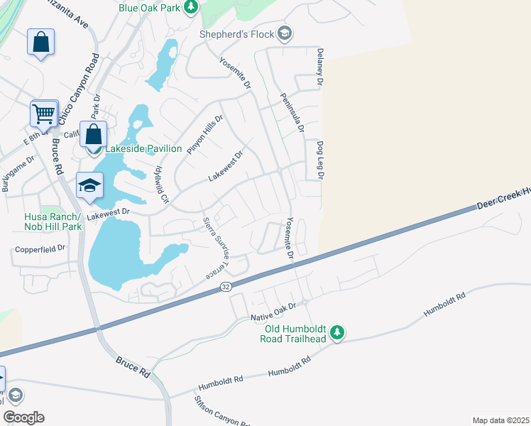 map of restaurants, bars, coffee shops, grocery stores, and more near 9 Shearwater Court in Chico