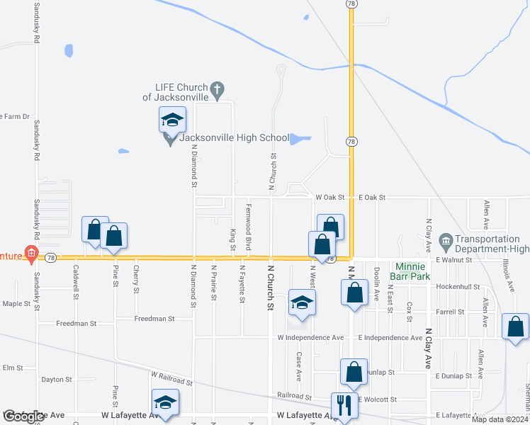 map of restaurants, bars, coffee shops, grocery stores, and more near 1021 North Church Street in Jacksonville
