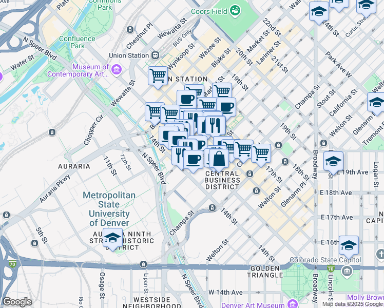 map of restaurants, bars, coffee shops, grocery stores, and more near in Denver