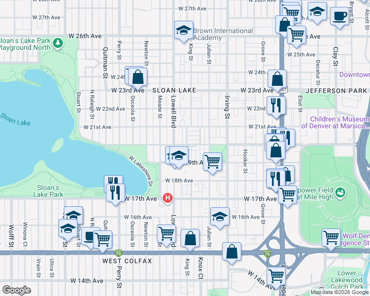 map of restaurants, bars, coffee shops, grocery stores, and more near 1944 King Street in Denver