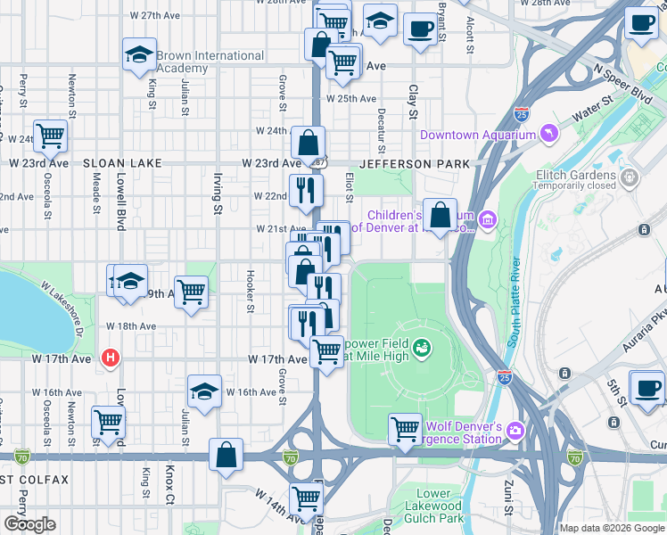 map of restaurants, bars, coffee shops, grocery stores, and more near 1941 Eliot Street in Denver