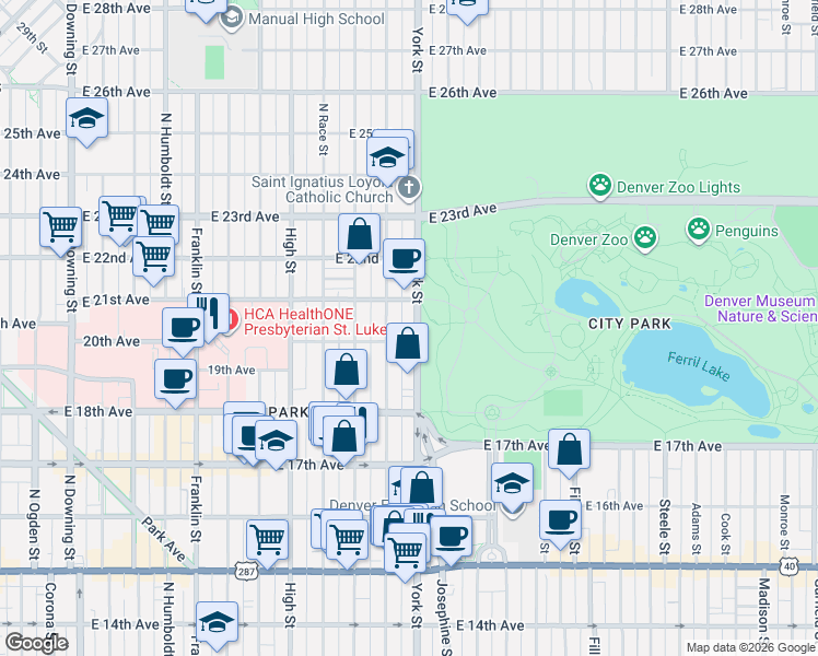 map of restaurants, bars, coffee shops, grocery stores, and more near 2001 York Street in Denver