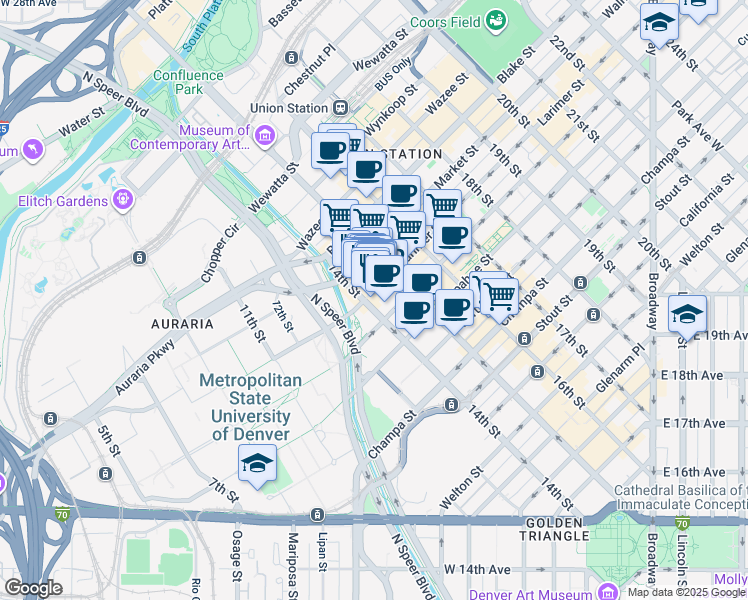 map of restaurants, bars, coffee shops, grocery stores, and more near 1404 Larimer Street in Denver