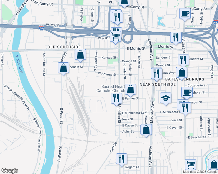 map of restaurants, bars, coffee shops, grocery stores, and more near 1462 South Illinois Street in Indianapolis