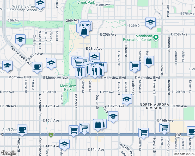 map of restaurants, bars, coffee shops, grocery stores, and more near Dayton St & E Montview Blvd in Aurora