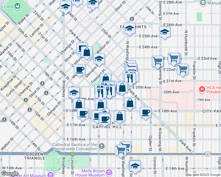 map of restaurants, bars, coffee shops, grocery stores, and more near 1950 Pennsylvania Street in Denver