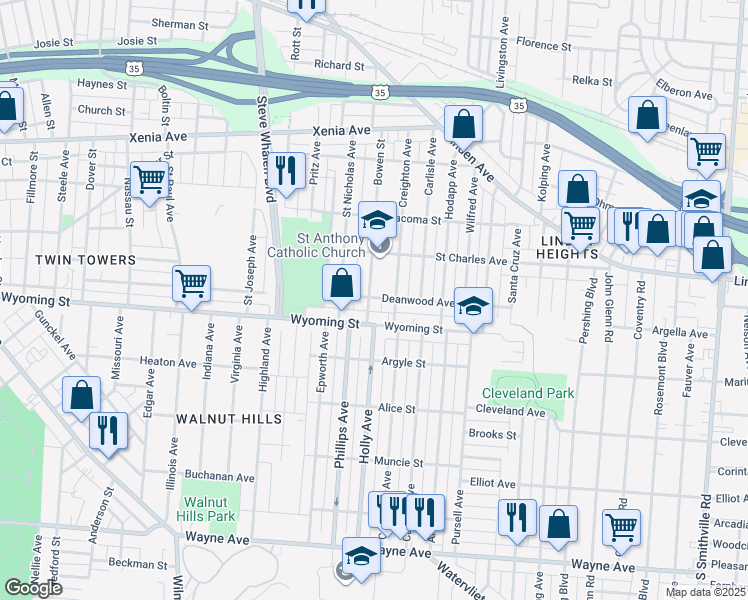 map of restaurants, bars, coffee shops, grocery stores, and more near 900 Bowen Street in Dayton