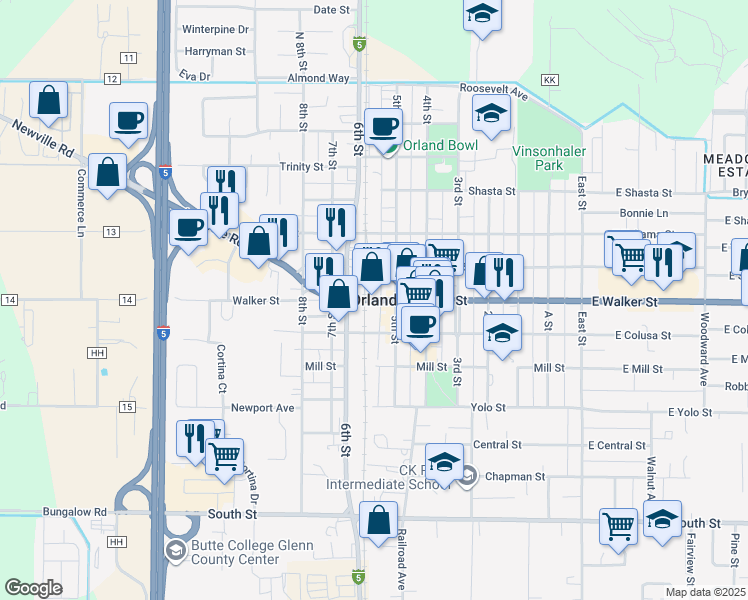 map of restaurants, bars, coffee shops, grocery stores, and more near 70 East Shasta Street in Orland
