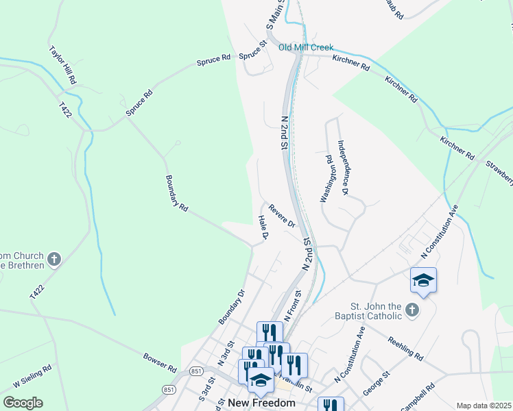 map of restaurants, bars, coffee shops, grocery stores, and more near 15486 Hale Drive in New Freedom