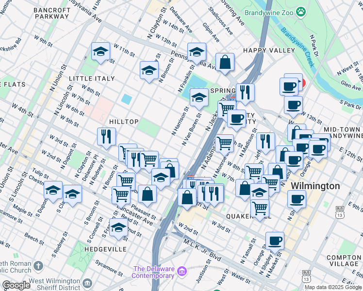 map of restaurants, bars, coffee shops, grocery stores, and more near 703 North Jackson Street in Wilmington