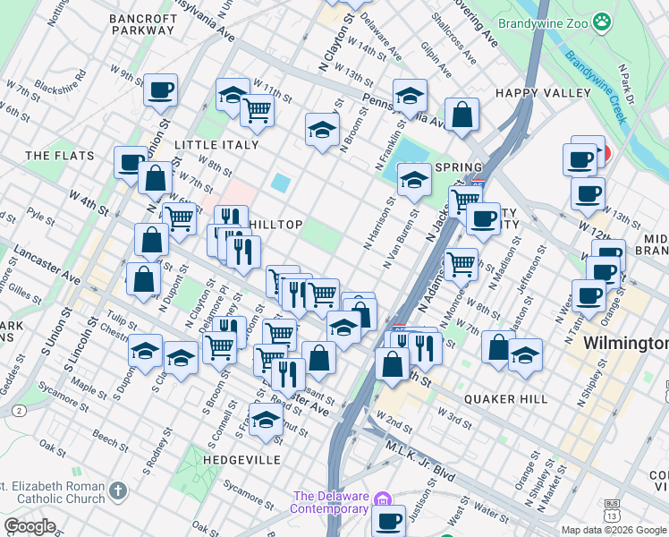map of restaurants, bars, coffee shops, grocery stores, and more near 1207 West 6th Street in Wilmington