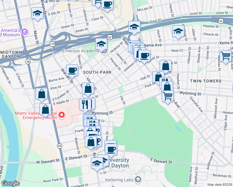 map of restaurants, bars, coffee shops, grocery stores, and more near 168 Park Drive in Dayton