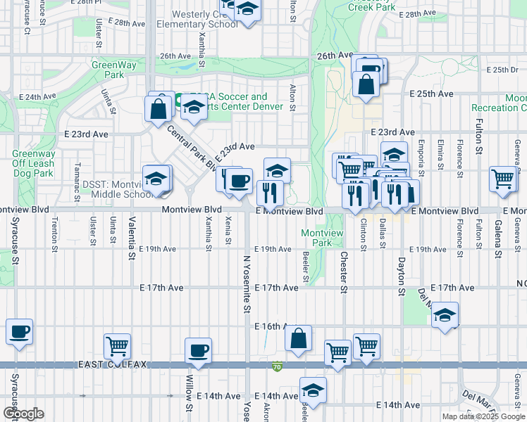 map of restaurants, bars, coffee shops, grocery stores, and more near 1984 Akron Street in Aurora