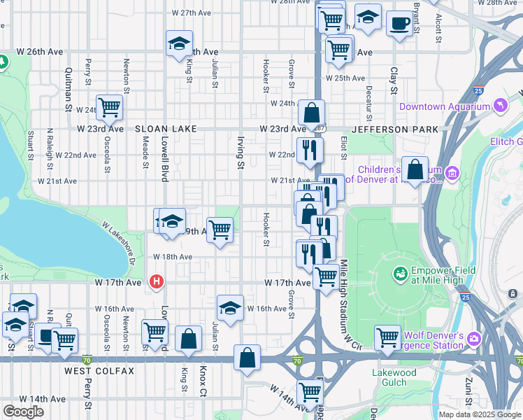 map of restaurants, bars, coffee shops, grocery stores, and more near 1915 Hooker Street in Denver