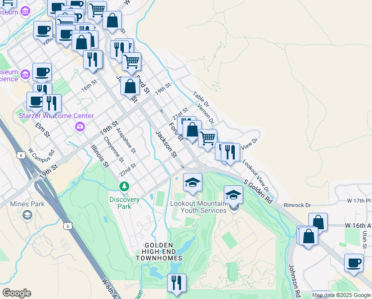 map of restaurants, bars, coffee shops, grocery stores, and more near 2305 Jackson Street in Golden