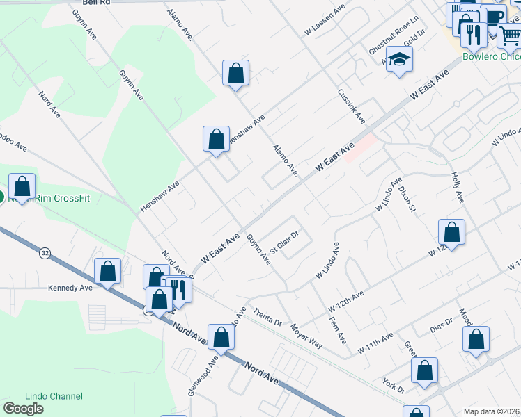 map of restaurants, bars, coffee shops, grocery stores, and more near 950 West East Avenue in Chico
