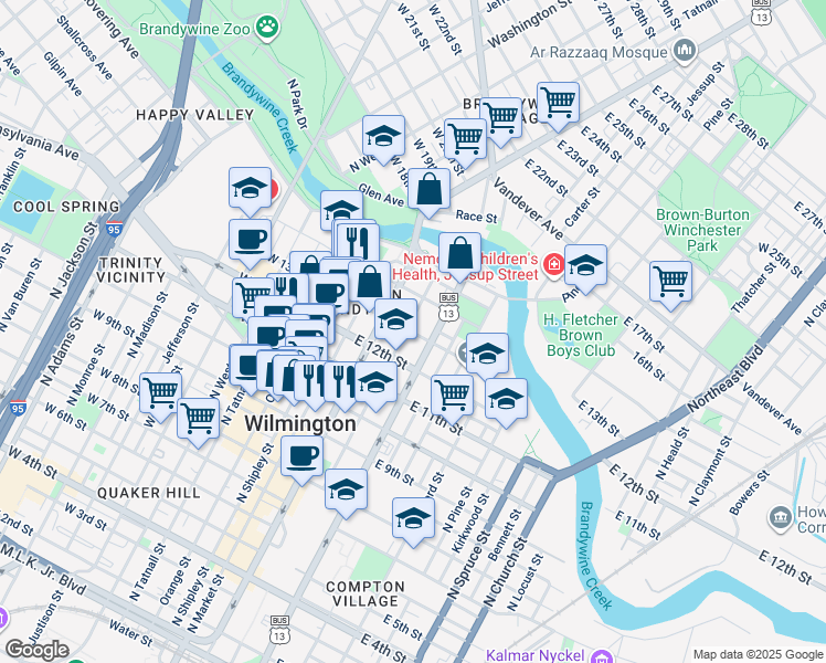 map of restaurants, bars, coffee shops, grocery stores, and more near 1213 North French Street in Wilmington