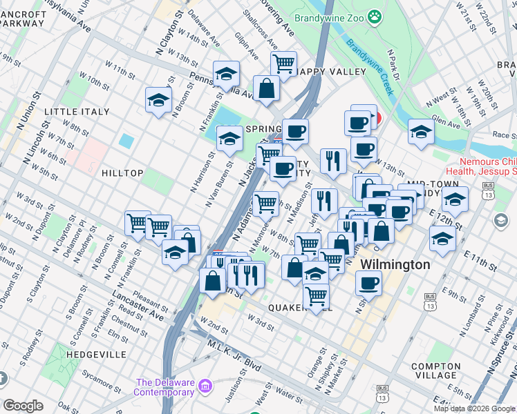 map of restaurants, bars, coffee shops, grocery stores, and more near 809 North Monroe Street in Wilmington