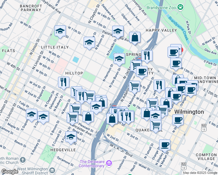 map of restaurants, bars, coffee shops, grocery stores, and more near 703 North Jackson Street in Wilmington