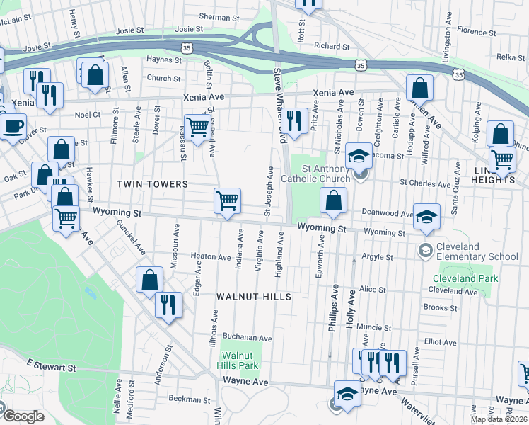 map of restaurants, bars, coffee shops, grocery stores, and more near in Dayton
