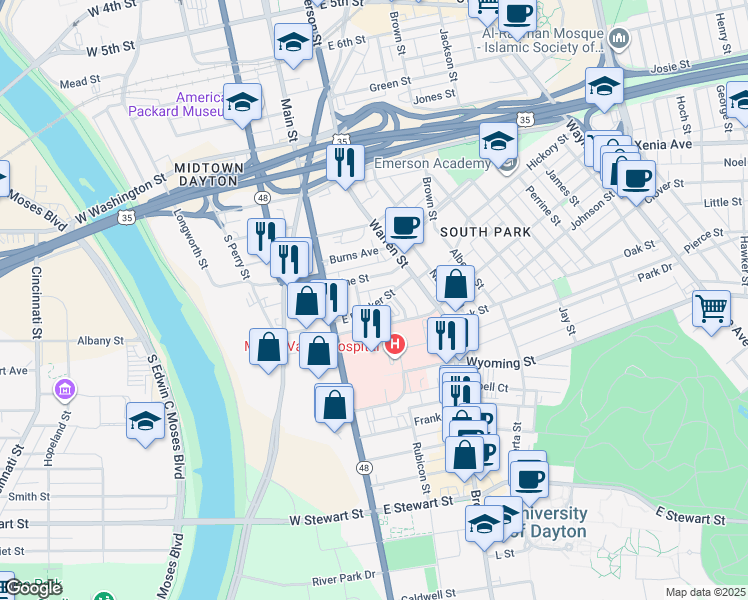 map of restaurants, bars, coffee shops, grocery stores, and more near 199 East Apple Street in Dayton