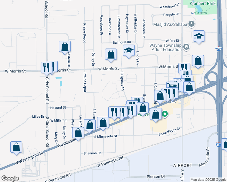 map of restaurants, bars, coffee shops, grocery stores, and more near 6774 Lambert Street in Indianapolis