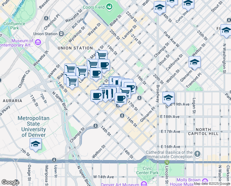 map of restaurants, bars, coffee shops, grocery stores, and more near 820 16th Street Mall in Denver
