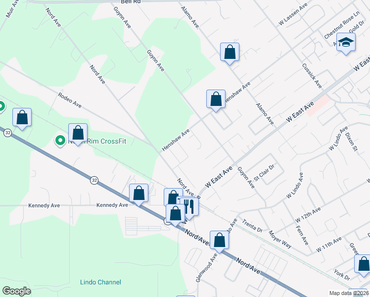 map of restaurants, bars, coffee shops, grocery stores, and more near 2652 Wesley Way in Chico