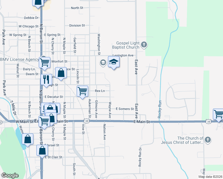 map of restaurants, bars, coffee shops, grocery stores, and more near 303 Wayne Avenue in Eaton