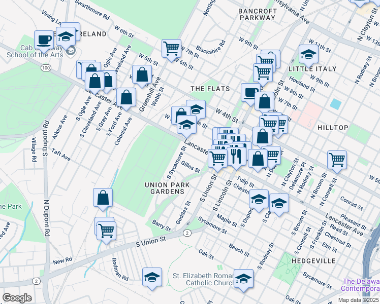 map of restaurants, bars, coffee shops, grocery stores, and more near 2129 Biddle Street in Wilmington