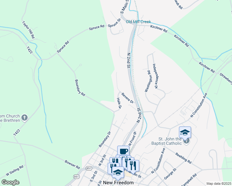 map of restaurants, bars, coffee shops, grocery stores, and more near 15486 Hale Drive in New Freedom