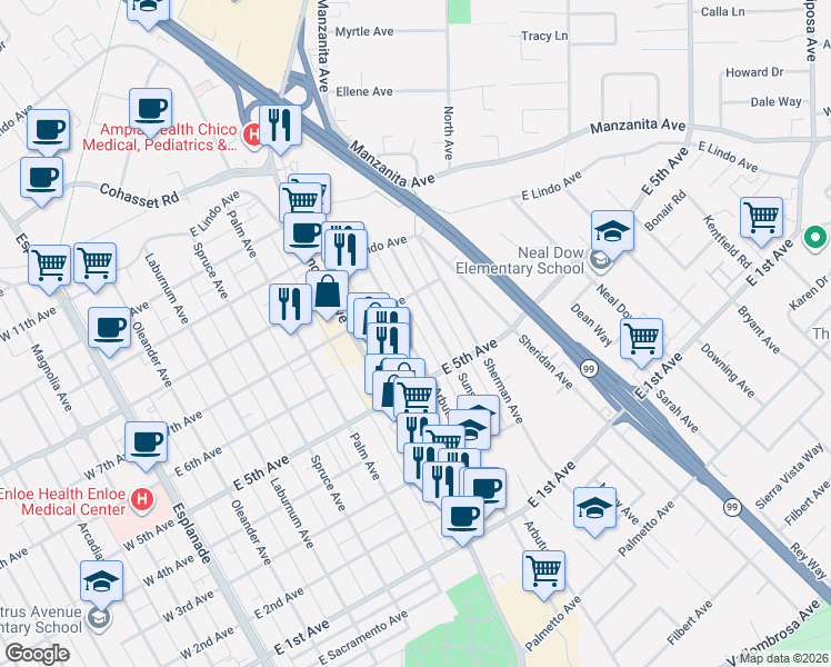map of restaurants, bars, coffee shops, grocery stores, and more near 1602 Arbutus Avenue in Chico