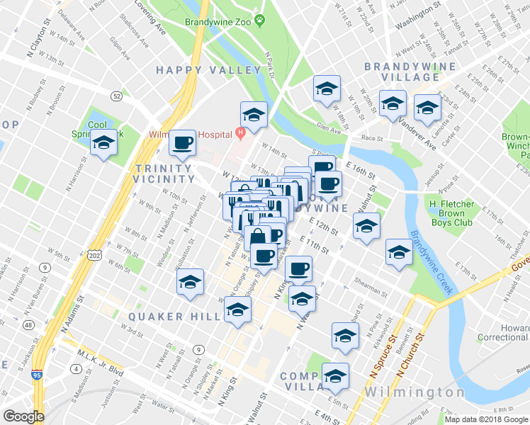 map of restaurants, bars, coffee shops, grocery stores, and more near 111 West 11th Street in Wilmington