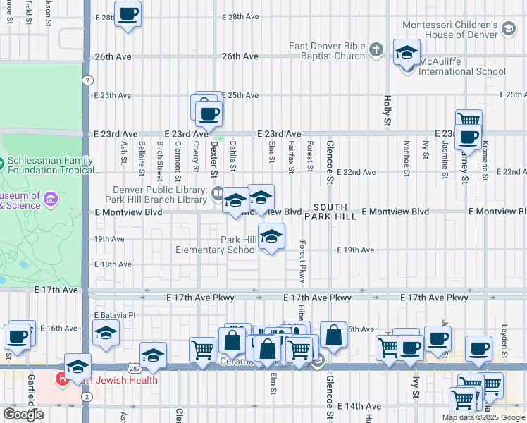 map of restaurants, bars, coffee shops, grocery stores, and more near E Montview Blvd & Elm St in Denver
