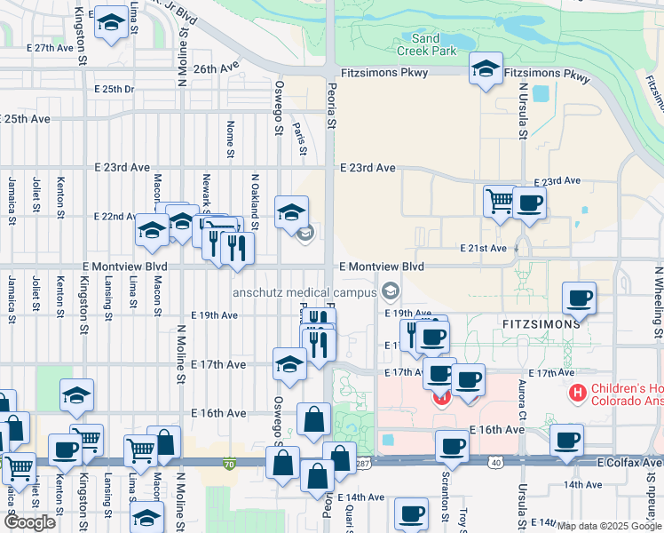 map of restaurants, bars, coffee shops, grocery stores, and more near Peoria St & E Montview Blvd in Aurora