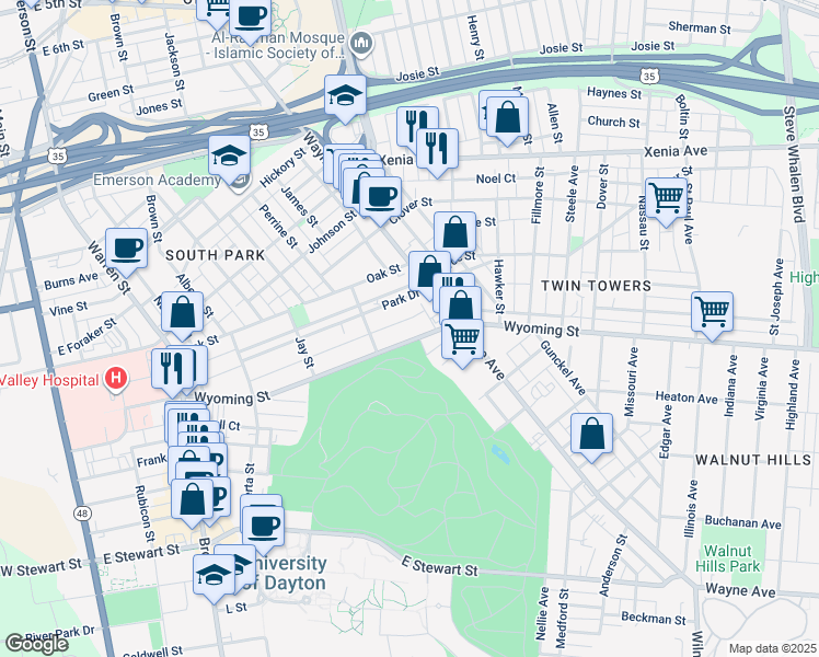 map of restaurants, bars, coffee shops, grocery stores, and more near 545 Wyoming Street in Dayton