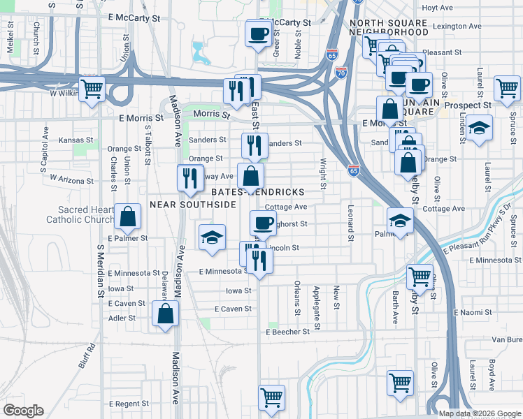 map of restaurants, bars, coffee shops, grocery stores, and more near 1456 South East Street in Indianapolis