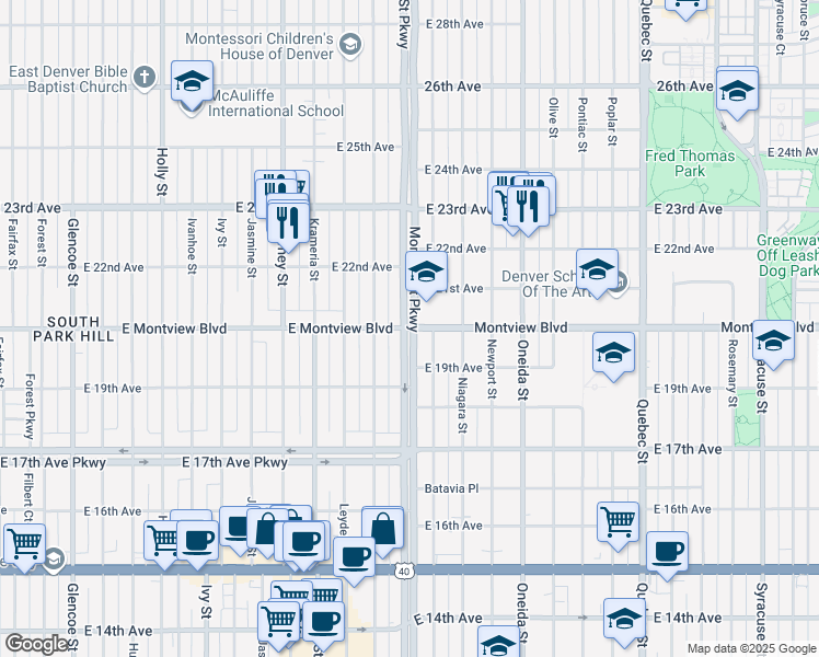 map of restaurants, bars, coffee shops, grocery stores, and more near Montview Boulevard in Denver