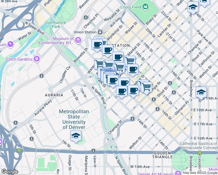 map of restaurants, bars, coffee shops, grocery stores, and more near 1404 Larimer Street in Denver