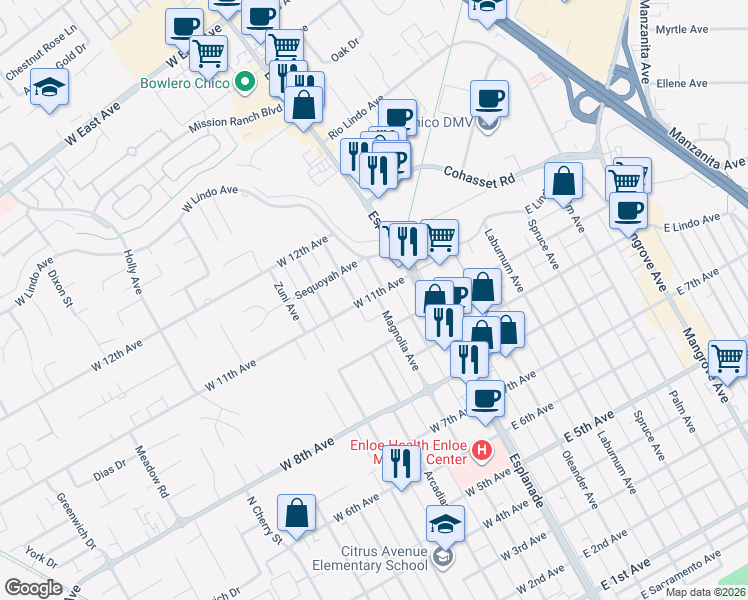map of restaurants, bars, coffee shops, grocery stores, and more near 2053 Magnolia Avenue in Chico