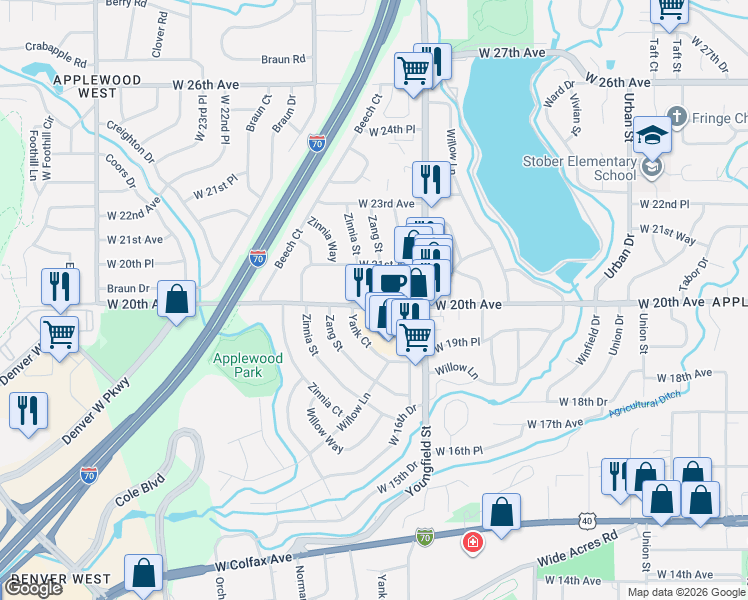 map of restaurants, bars, coffee shops, grocery stores, and more near 1981 Youngfield Street in Golden