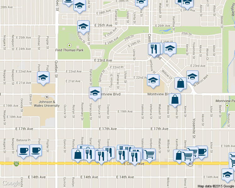 map of restaurants, bars, coffee shops, grocery stores, and more near 1955 Ulster Street in Denver