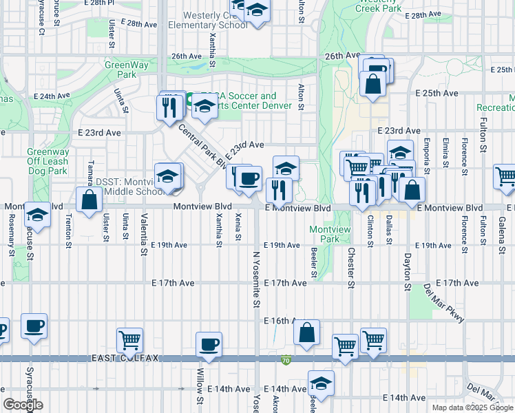 map of restaurants, bars, coffee shops, grocery stores, and more near Montview Boulevard in Denver