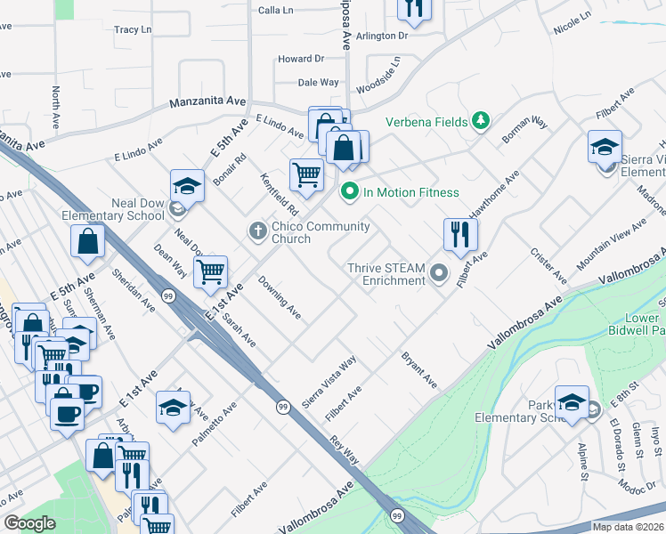 map of restaurants, bars, coffee shops, grocery stores, and more near 911 Karen Drive in Chico