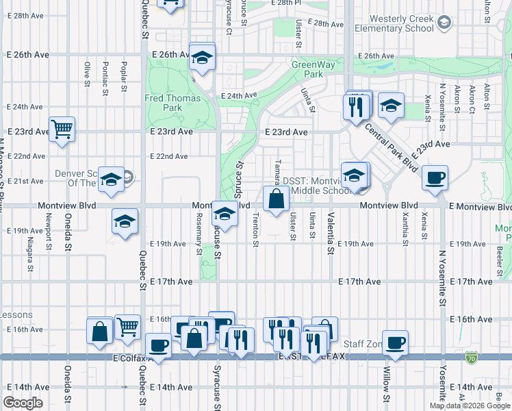 map of restaurants, bars, coffee shops, grocery stores, and more near E Montview Blvd & Trenton St in Denver