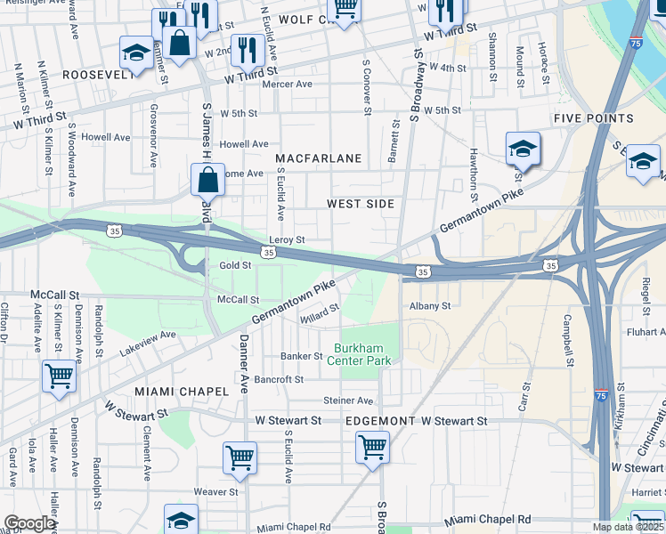 map of restaurants, bars, coffee shops, grocery stores, and more near South Paul Laurence Dunbar Street in Dayton