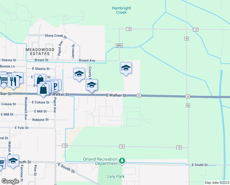 map of restaurants, bars, coffee shops, grocery stores, and more near 904 East Walker Street in Orland
